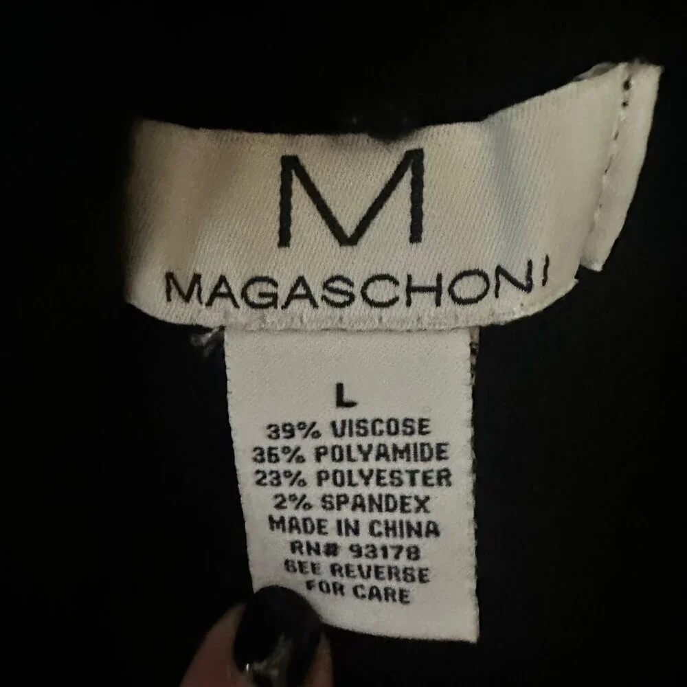 Magaschoni Sweater Women’s Large Black Cardigan White Stitch Trim Front Pockets - Picture 5 of 9